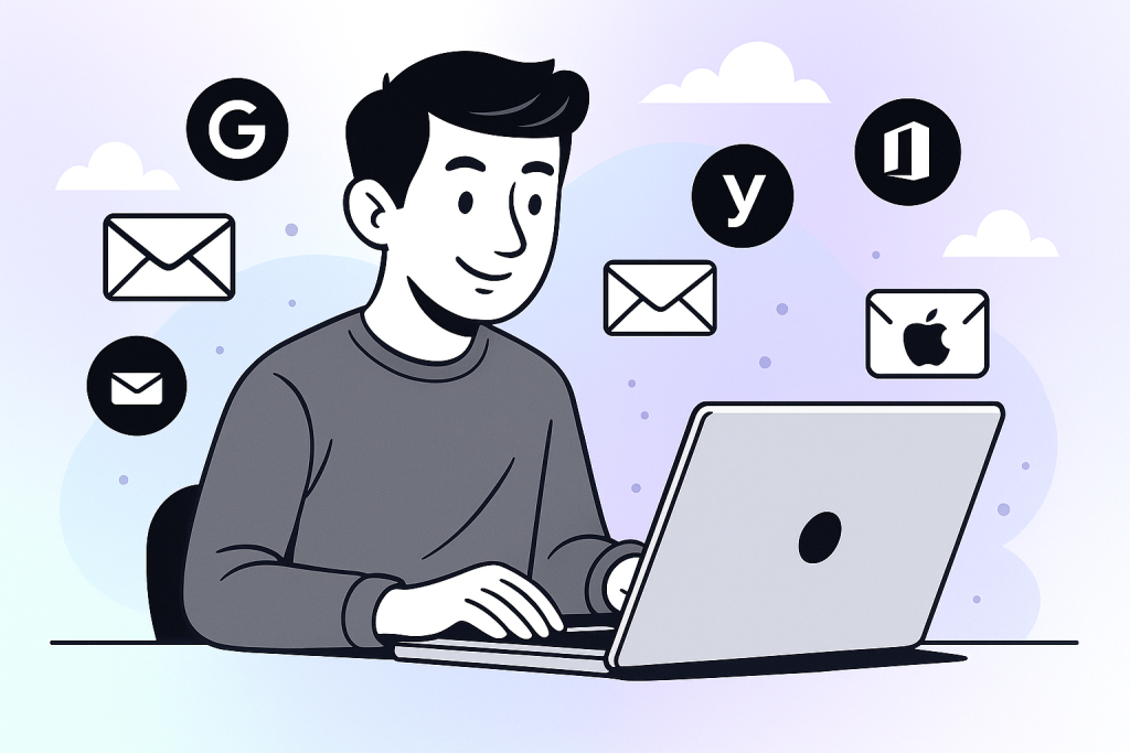 An illustration of a guy at a laptop working on different email providers With this in mind, what does this look like in the real world, especially when it comes to the main providers? Let's break it down.