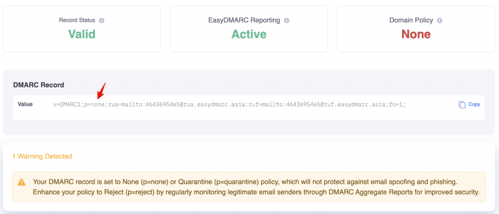 Определите первоначальную политику DMARC.